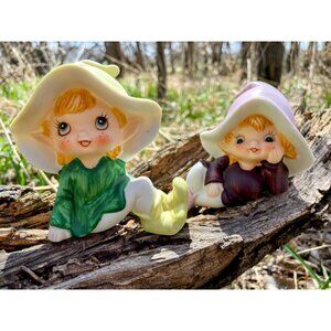Vintage 1970s Pair Homco Bisque Porcelain Pixie fairy girls